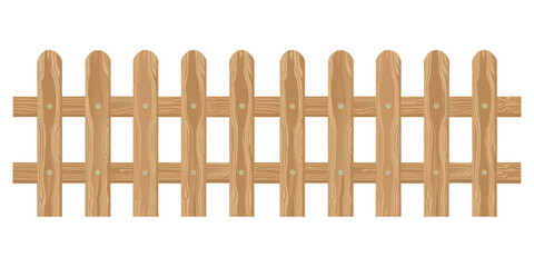 A clean, stylized digital drawing of a rustic wooden paling fence. Vertical wood planks with visible texture and rounded ends are nailed to upper and lower crossbeams. The background is pure white.