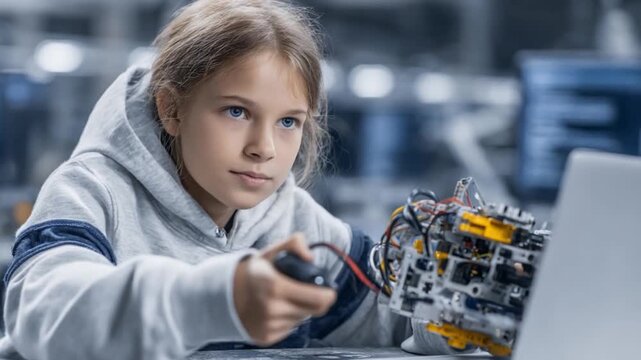 Young Innovator: A young girl, lost in concentration, meticulously works on a robotic project in a high-tech workshop. The scene captures the spirit of innovation and education.