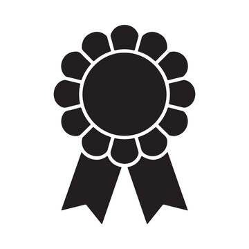Simple black and white silhouette icon of a rosette award ribbon for first place recognition