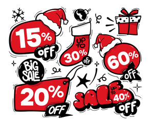 Set of Christmas sale illustrations with discount price tags, sale labels, banners, and special offer vector elements.
