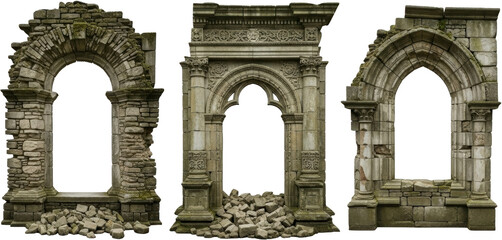 Three distinct stone architectural arch ruins featuring varied masonry styles weathering and scattered debris at their bases isolated on a dark background Architecture Ancient Ruined