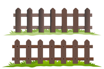 Dual-style fence set Top row rustic dark wood, bottom row uniform light-orange pickets with rounded tops, cartoon style, isolated on white.