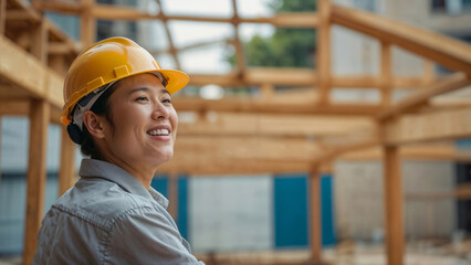Asian contractor woman wearing a yellow hard hat and smiling. She is standing in front of a building. Scene is happy and positive