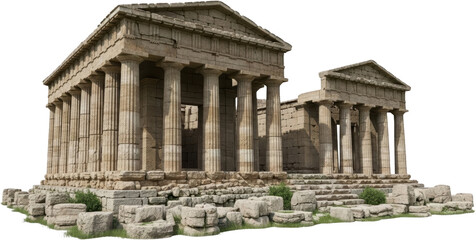 Ancient weathered Greek or Roman temple ruins stand with towering fluted columns and stone pediments upon a rubble strewn base with small patches of green grass Architecture Historic