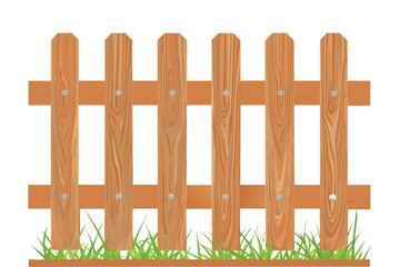 Minimalist cartoon-style wooden garden fence in warm brown tones, evenly spaced vertical boards and two horizontal supports