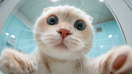 Curious Gaze: An adorable cat with striking blue eyes, offers a direct, captivating perspective, inviting a moment of connection with its viewers.