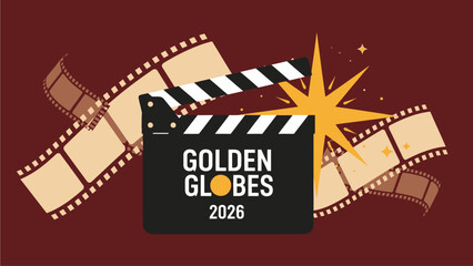 A bold flat design illustration of a clapperboard featuring 'Golden Globes 2026', representing the heart of the film and television industry. Its clean, iconic style is perfect for event promotion