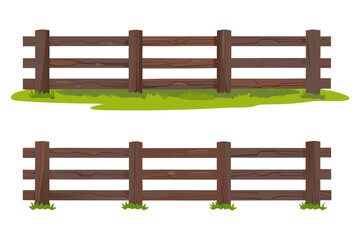 Obraz premium Parallel wooden fence graphic High-contrast dark rustic wood fence and light-orange picket fence on green lawn strips, white background.