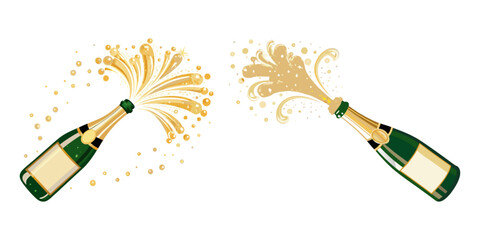 Vector illustration of an uncorked green champagne bottle with gold foil neck, blank beige label, and sparkling champagne bursting out in a wide curved spray of golden bubbles