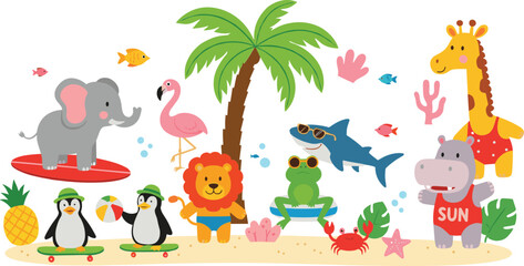 Cute summer safari and beach animals vector illustration set with tropical wildlife ocean creatures and cartoon characters © Sumon Creative