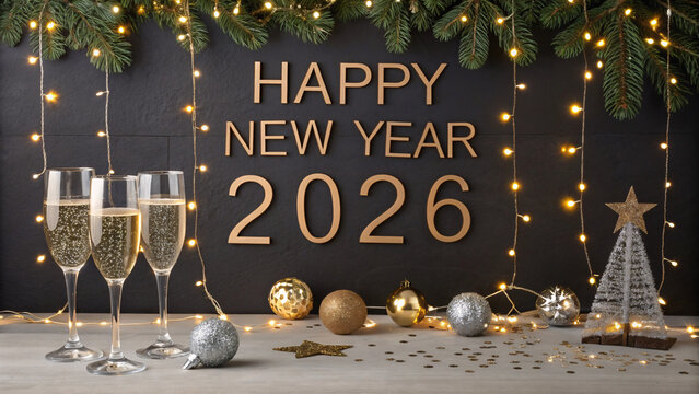 Happy New Year 2026 Celebration with Champagne Glasses and Festive Holiday Decor