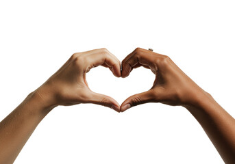 Obraz premium Two diverse hands with detailed skin texture gently form a heart shape on a white background with copy space, concept of universal love and connection