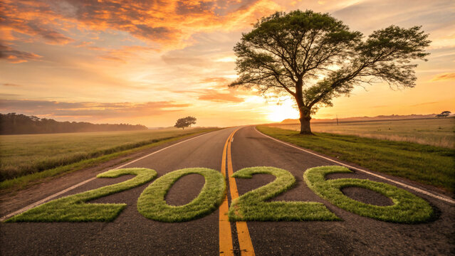 2026 New Year Concept on Open Road at Sunrise &ndash; Future Goals, New Beginnings and Motivation Background