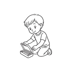 Line Drawing of Child Kneeling and Opening Crayon Box on White Background