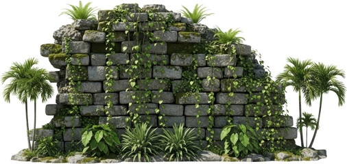 An ancient moss covered stone retaining wall structure is heavily overgrown with trailing vines and various tropical plants flanked by small palm trees and lush foliage Stone wall jungle