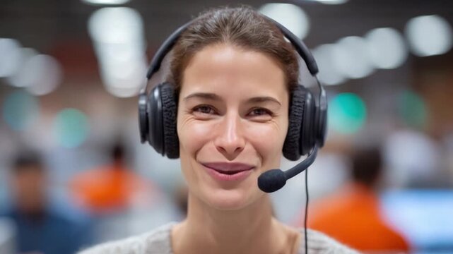 Dedicated Support: A focused individual provides customer service, with a headset framing her serene smile, and the subtle business backdrop hinting at her professional environment.