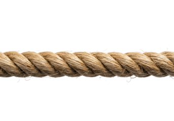 A thick natural jute rope with rough fibers is stretched taut on a clean white background with copy space, macro shot concept of strength and reliability