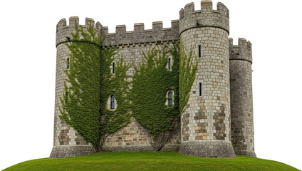 Stone castle tower structure featuring crenelations and rounded bastions covered with dense green ivy climbing upon its exterior walls above a grassy mound Architecture Historic Medieval