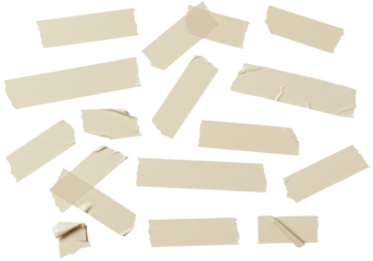 Collection of torn beige paper tape strips with wrinkles and texture on a clean white background with soft shadows. Concept for graphic design assets