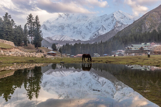 Reflection lake in Fairy Meadows under Nanga Parbat mountain in Gilgit-Baltistan region in Pakistan