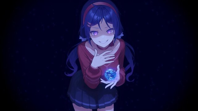 Anime-style girl holding a glowing Earth, with a mysterious smile and dark atmospheric background.