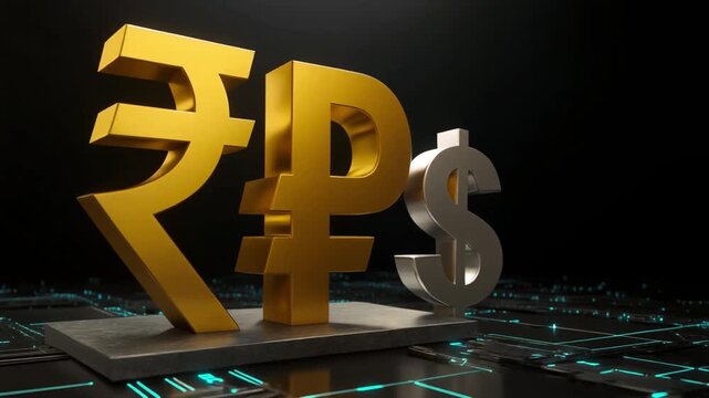 Cinematic animation of the Rupee currency symbol growing faster than the Dollar, symbolizing strong economic growth and market dominance, AI generated.