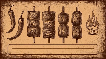 food poster featuring grilled skewers, chili sauce, and flame iconography with text space on textured paper background. Illustrated food poster, skewers drawing, chili peppers, flame icons, 