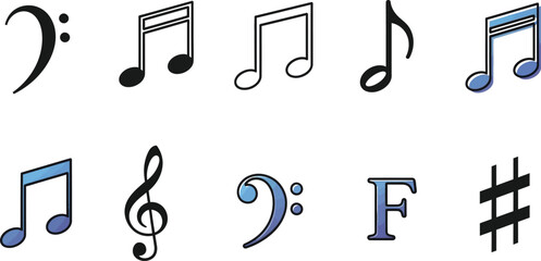 Various music notes arrangement with treble and bass clefs on white background