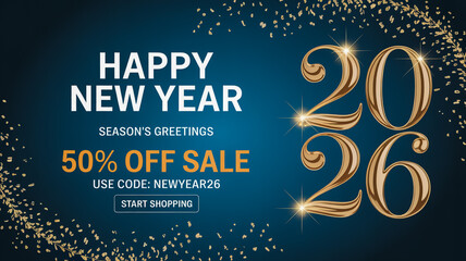 Happy New Year 2026 Sale Banner with Gold Glitter and Discount Offer 50 percent off