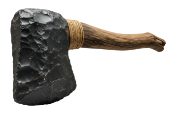 A primitive paleolithic hand axe with a flint head and wooden handle, isolated on a pure white background. Concept of archaeology and prehistory