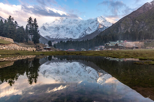Reflection lake in Fairy Meadows under Nanga Parbat mountain in Gilgit-Baltistan region in Pakistan