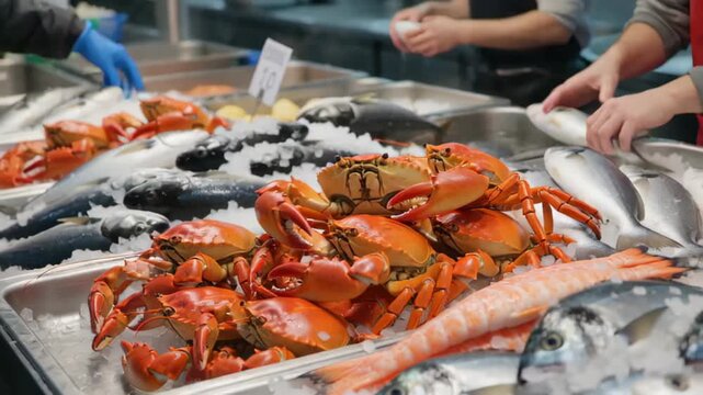 Vibrant seafood market display featuring fresh, assorted fish and live crabs on ice, with vendors preparing orders