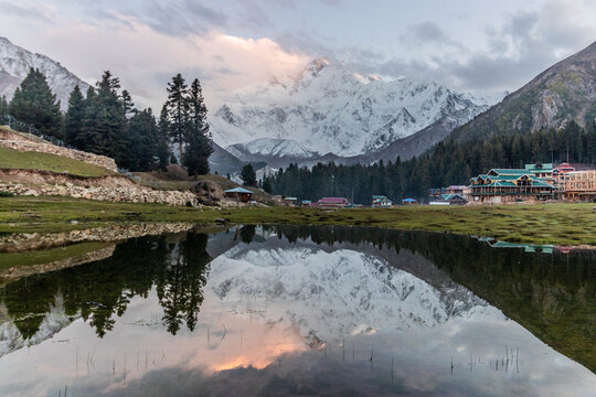 Reflection of Nanga Parbat mountain in Fairy Meadows in Gilgit-Baltistan region in Pakistan