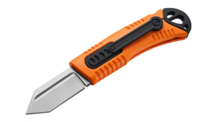 Orange automatic knife with black handle switchblade pocket knife isolated on a transparent background