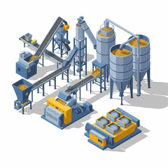 Isometric Industrial Plant with Conveyor Belts and Storage Silos. © Achmad