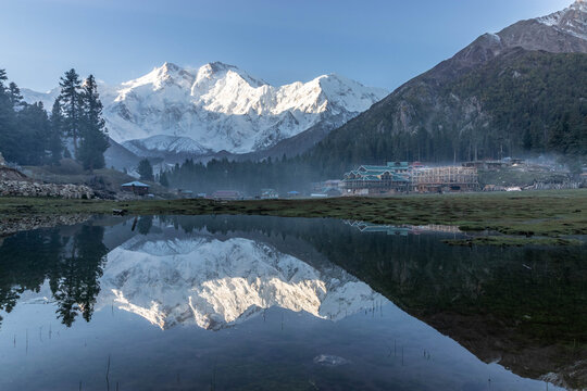 Reflection of Nanga Parbat mountain in Fairy Meadows in Gilgit-Baltistan region in Pakistan