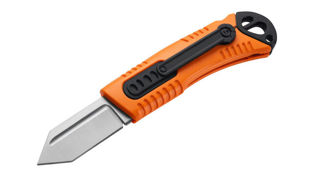 Orange automatic knife with black handle switchblade pocket knife isolated on a transparent background