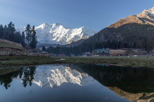 Reflection of Nanga Parbat mountain in Fairy Meadows in Gilgit-Baltistan region in Pakistan