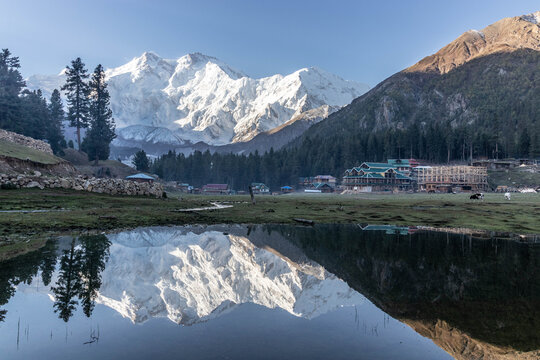 Reflection of Nanga Parbat mountain in Fairy Meadows in Gilgit-Baltistan region in Pakistan