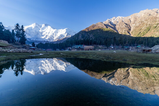 Reflection of Nanga Parbat mountain in Fairy Meadows in Gilgit-Baltistan region in Pakistan