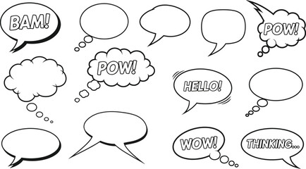 Collection of hand drawn speech bubbles and thought bubbles in various shapes and styles