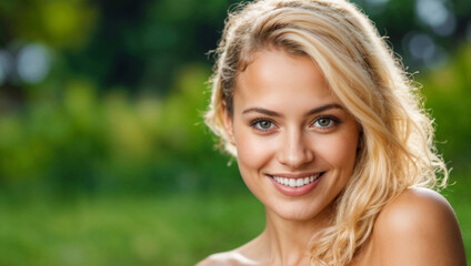 Naklejka premium Face of happy beautiful woman looking at the camera on green background. The image has a bright and cheerful mood