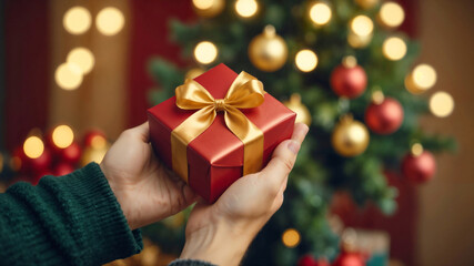 A person is holding a red box with a gold bow on it. The box is wrapped in red paper and has a gold ribbon tied around it. The person is holding the box in front of a Christmas tree