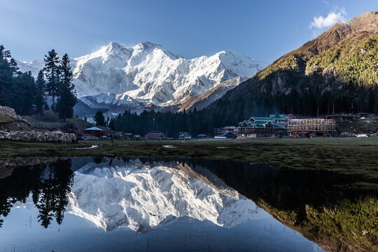 Reflection of Nanga Parbat mountain in Fairy Meadows in Gilgit-Baltistan region in Pakistan