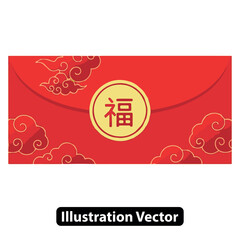 Red Envelope with Golden Cloud Patterns and Chinese Cloud Illustration