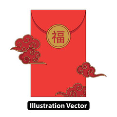 Red Envelope with Golden Seal and Swirling Clouds Illustration