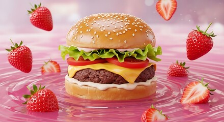 A whimsical food image showing a burger surrounded by strawberries in a pink, swirling liquid. It suggests a creative culinary concept