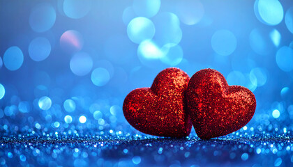 Fototapeta premium Two glittery red hearts on a sparkling blue glitter background with bokeh love romance