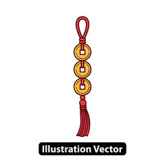 Three golden coins tied together with red tassel hanging from a loop, symbolizing prosperity and good fortune in a cultural illustration