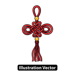 Intricate Traditional Knot Illustration with Red Threads and Golden Beads